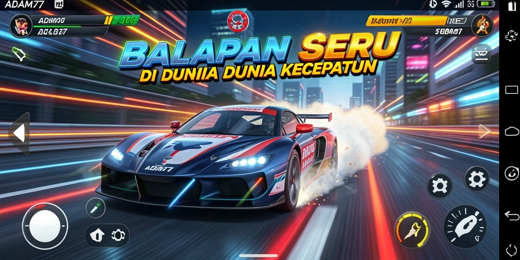 Tampilan gameplay seru ADAM77 saat balapan di trek yang menantang.